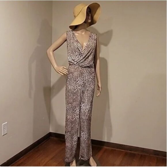 Ellen Tracy Womens Leopard Print Sleeveless Wrap Jumpsuit S Polyester Spandex - Picture 1 of 12